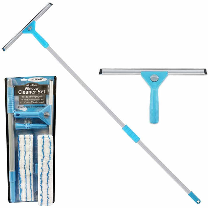 Window Cleaning Kit Multi Use Squeegee Long Telescopic Handle Sponge 53" Pro