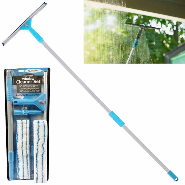 Window Cleaning Kit Multi Use Squeegee Long Telescopic Handle Sponge 53" Pro