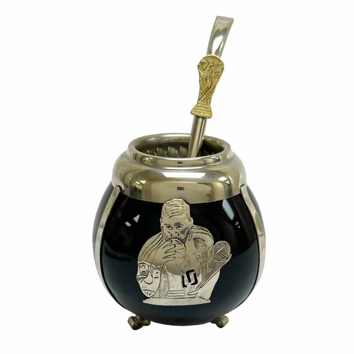 Black Ceramic Mate Gourd Argentina Alpaca Bombilla Drink Straw Messi World Cup