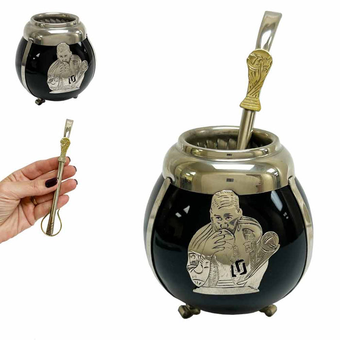 Black Ceramic Mate Gourd Argentina Alpaca Bombilla Drink Straw Messi World Cup