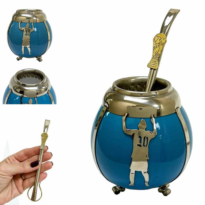 Messi 10 Ceramic Mate Gourd Cup Set Argentina Alpaca Bombilla Drink Straw Travel