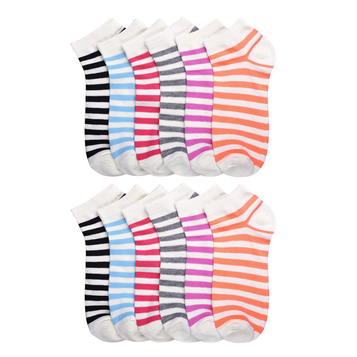12 Pairs Women's Girls Ankle Low Cut Socks Size 9-11 Stripes Colorful No Show