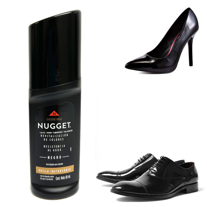 NUGGET Instant Shoe Polish BLACK 60ml 2oz Liquid Wax Shines Leather Boots Derby