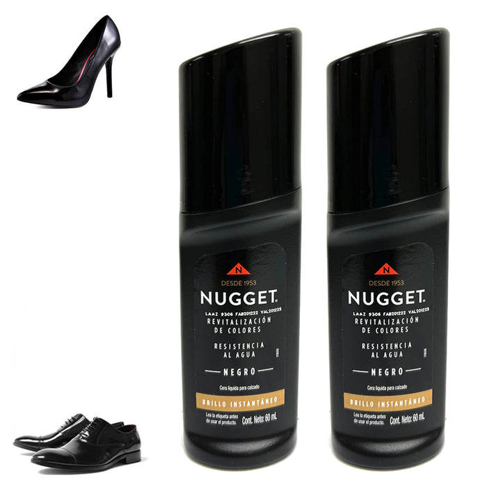 2 Pack NUGGET Shoe Polish BLACK 60ml 2oz Instant Self Shine Liquid Cream Wax