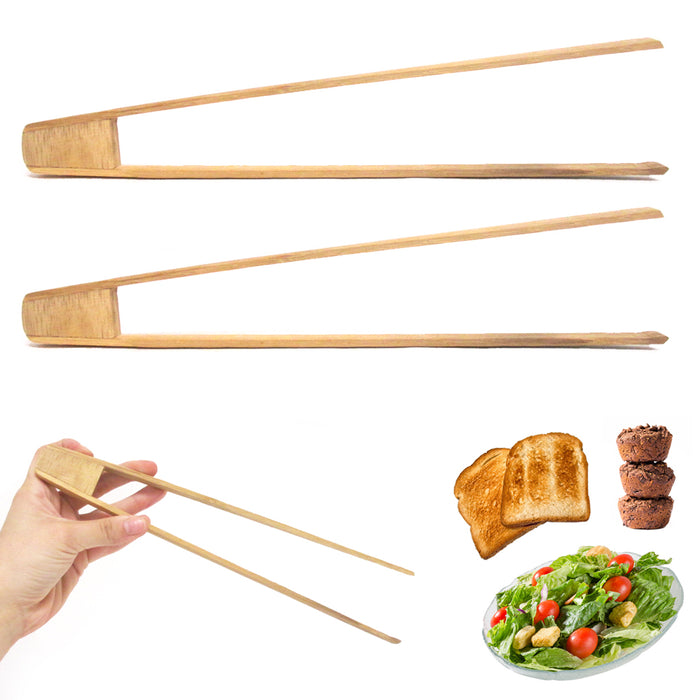 2 Bamboo Toaster Tongs Wood Kitchen Accessory Toast Fruits Bread Bagel Chopstick