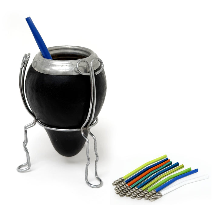 Traditional Argentina Mate Gourd 3 Pc Set Stand & Straw Classic Natural Handmade