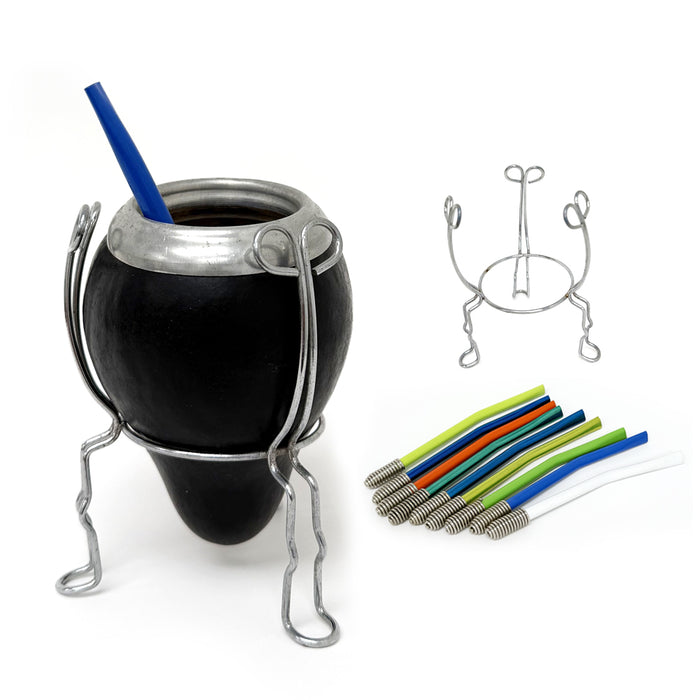 Traditional Argentina Mate Gourd 3 Pc Set Stand & Straw Classic Natural Handmade