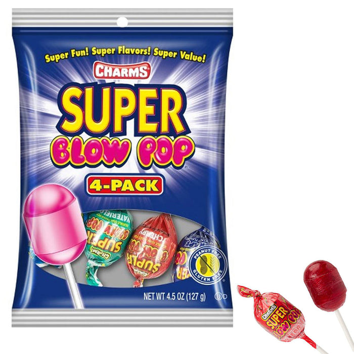 4 PC Charms Super Blow Pops Lollipops Sucker Stick Candy Gum Assorted Flavors