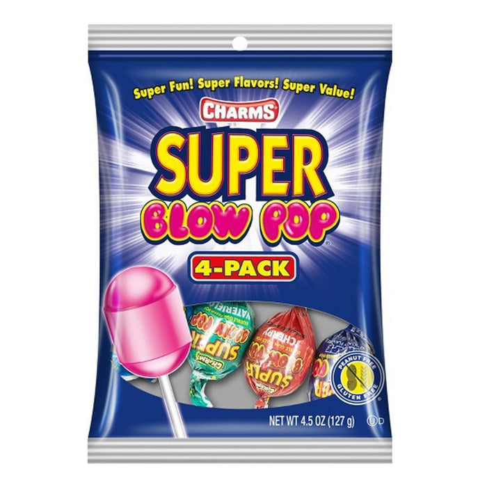 4 PC Charms Super Blow Pops Lollipops Sucker Stick Candy Gum Assorted Flavors