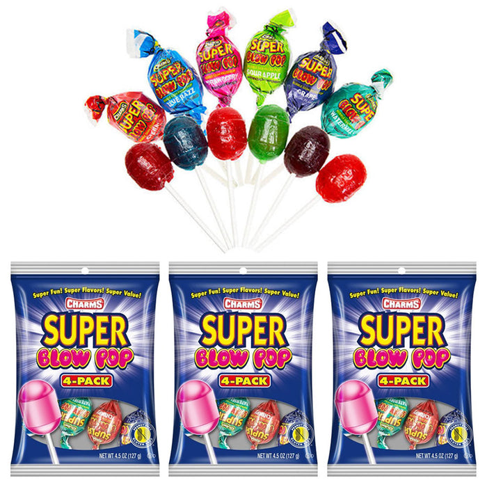 3 Bags Charms Super Blow Pops Lollipops Candy Gum Party Favors Goody Bag 12 PC