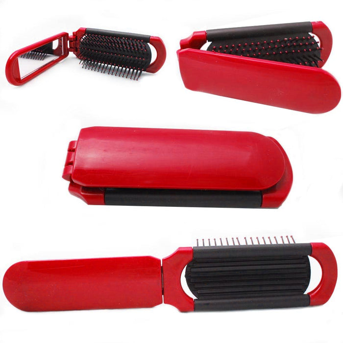 Folding Hair Brush Mirror Mini Comb Compact Pocket Size Travel Car Gym Purse Bag