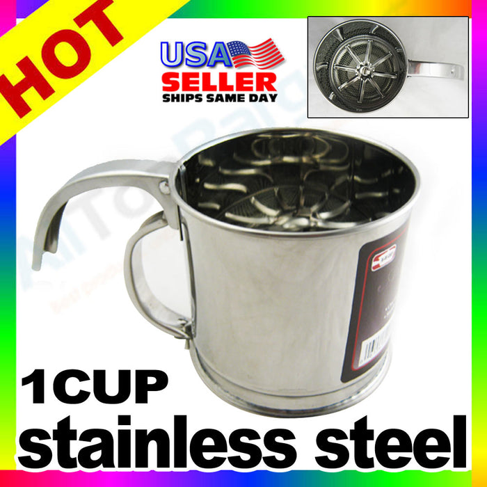 Stainless Steel Flour Sifter Sugar Handle Baking Bake 1 Cup Kitchen Chef Utensil