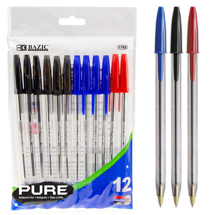 12 Pc Ballpoint Pen Ball Point Pens Red Black Blue Ink Kids School Office Supply