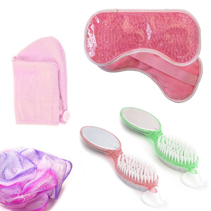 4 Pc Gift Women Bath Spa Set Gel Mask Body Shower Loofah Hair Wrap Pumice Brush