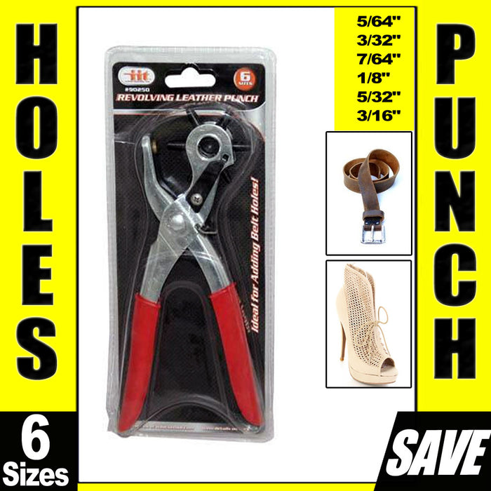 9" Rubber Gripped Carbon Steel 6 Size Revolving Leather Hole Punch Tool Brass