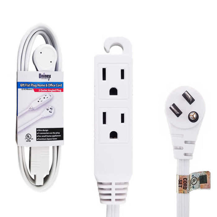 6 Ft Flat Angle Plug Extension Cord 16/3 Gauge 3 Outlet Tap Slim Cable Indoor UL