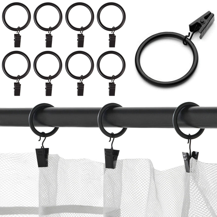 8 Heavy Duty Metal Curtain Rings Pole Rod Voile Curtain Hooks Clips 1.57" Black