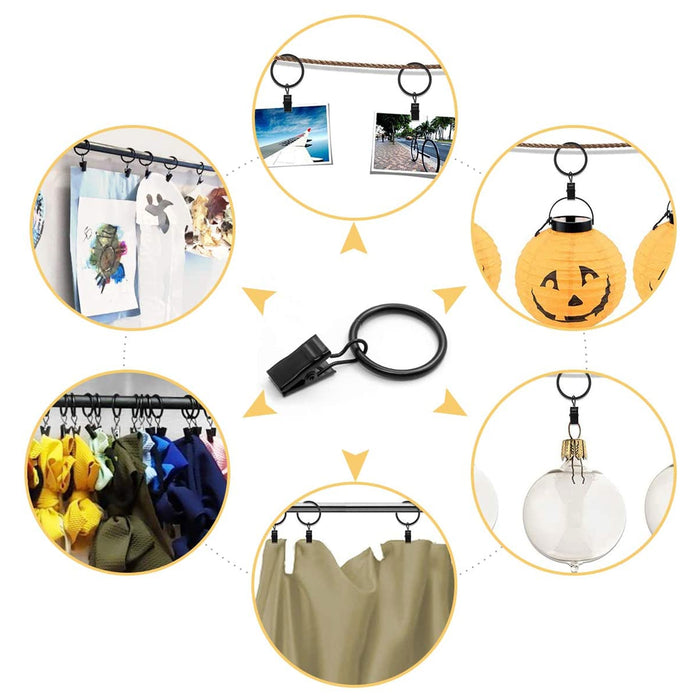 8 Heavy Duty Metal Curtain Rings Pole Rod Voile Curtain Hooks Clips 1.57" Black