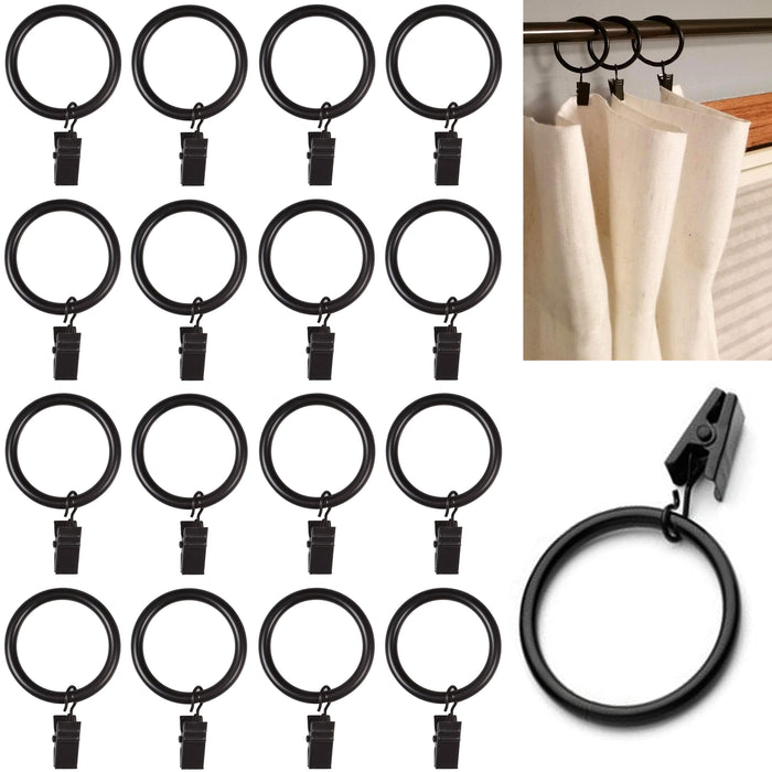 16 X Curtain Pole Rod Voile Clips Rings Metal Hanging Hooks Drapery Black 1.57"