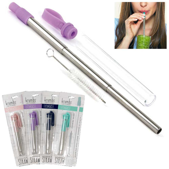 1 Steel Metal Drinking Straw Silicone Tip Expandable Reusable Cleaning Brush Set