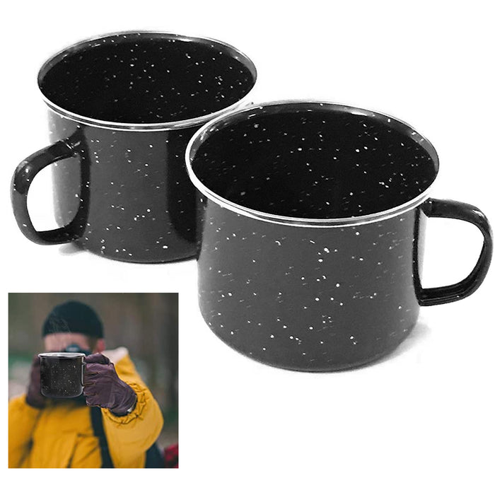 2 Travel Camping Mug Black Enamel Metal Cup Drinking Coffee Bear Tea Hiking 16oz