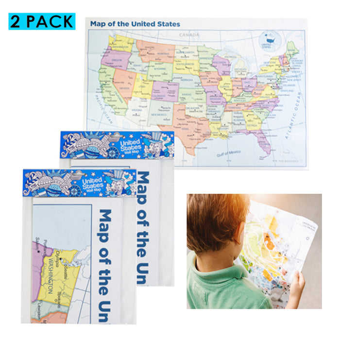 2Pc USA Wall Map United States Poster Home Classroom Kids 39.5x27.5 inch School
