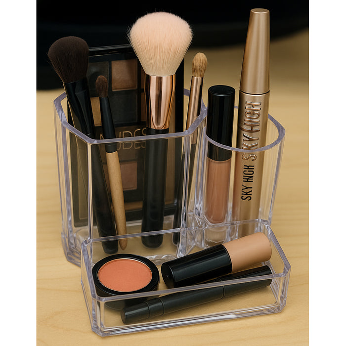 3-Compartment Clear Plastic Organizer Divided Makeup Vanity Storage Bin Office