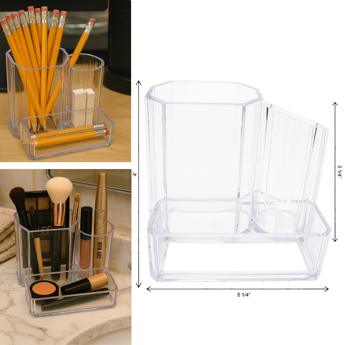 3-Compartment Clear Plastic Organizer Divided Makeup Vanity Storage Bin Office