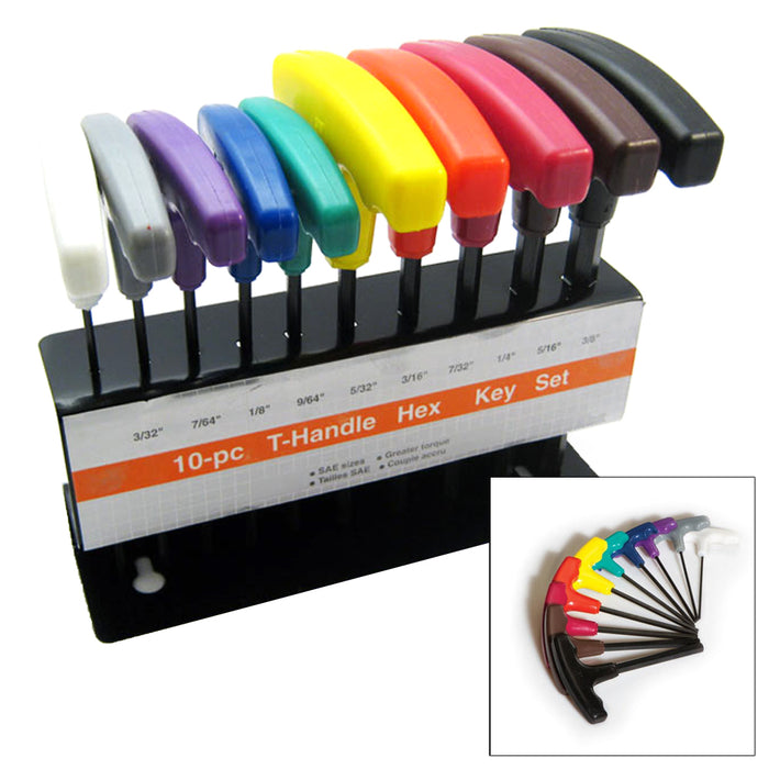 10PC SAE T-Handle Grip Hex Key Set Long Standard Size Allen Wrench Hand Tool NEW