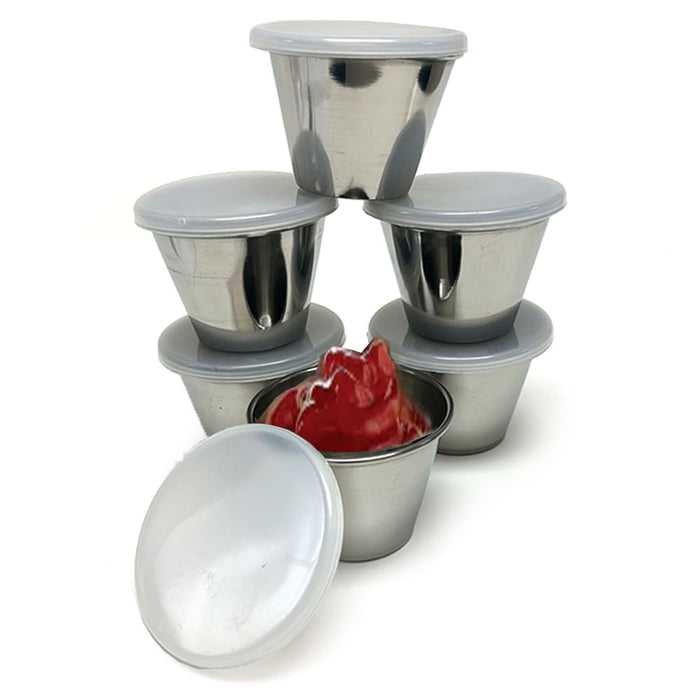6 Sauce Cups W/ Lids Stainless Steel Condiment Dressing Portion Mini Dish Saucer