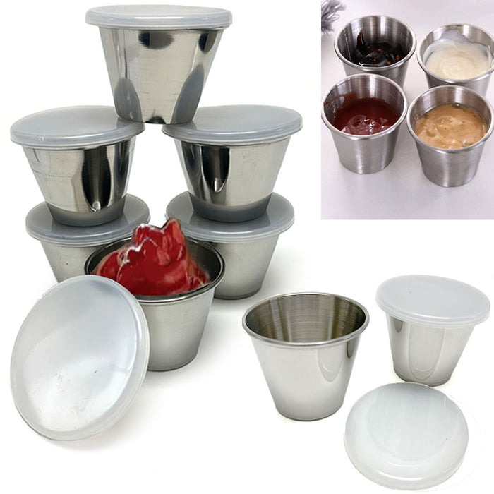 12 Pk Stainless Steel Sauce Cups W/ Lids Condiment Dressing Saucer Portion Dish