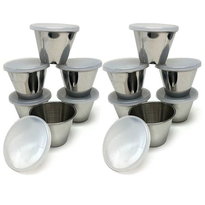 12 Pk Stainless Steel Sauce Cups W/ Lids Condiment Dressing Saucer Portion Dish