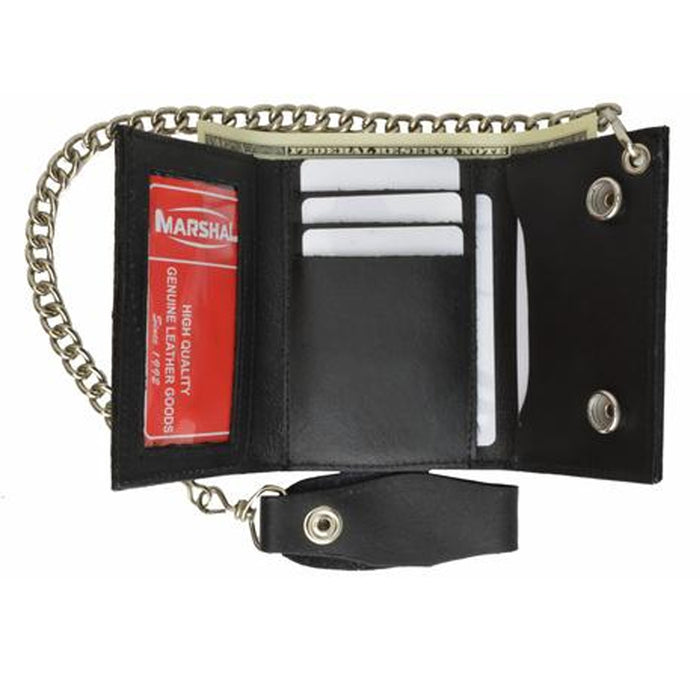 1 Black Genuine Leather Men Wallet Trifold Metal Chain Biker Trucker Motorcycle