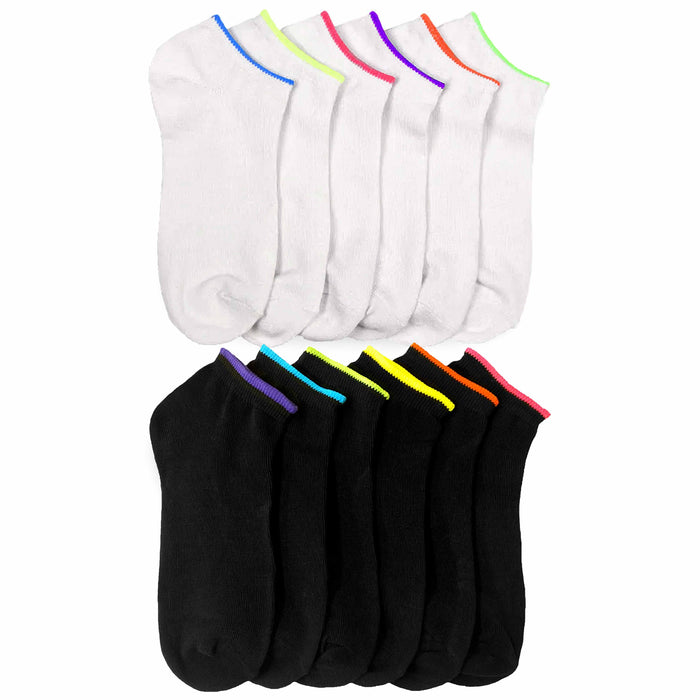 12 Pair Womens No Show Ankle Socks White Black Neon Sports Low Cut Casual 9-11