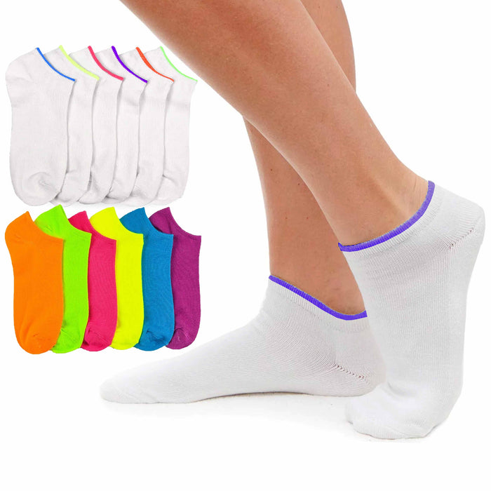 12 Pair Womens Low Cut Ankle Socks White Neon Color Sports Girls No Show 9-11