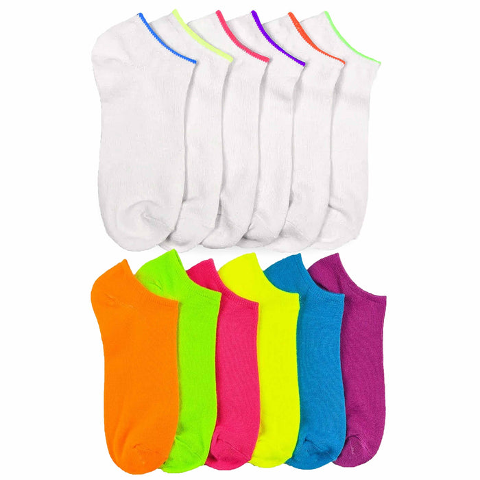 12 Pair Womens Low Cut Ankle Socks White Neon Color Sports Girls No Show 9-11