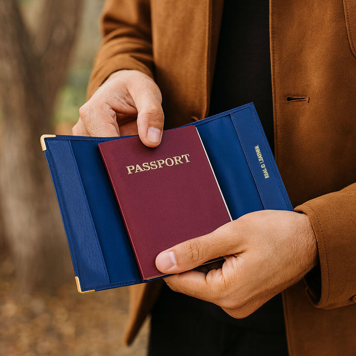 2pk Blue Genuine Leather Passport Holder Cover with Gold US Emblem Travel Wallet