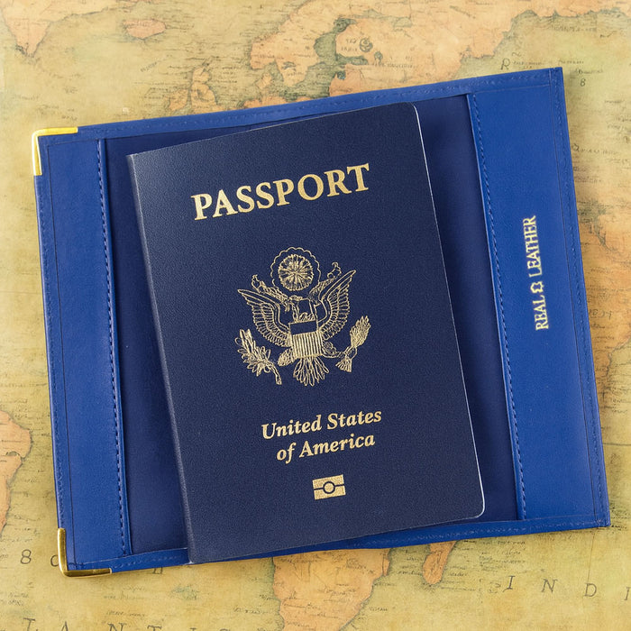 2pk Blue Genuine Leather Passport Holder Cover with Gold US Emblem Travel Wallet