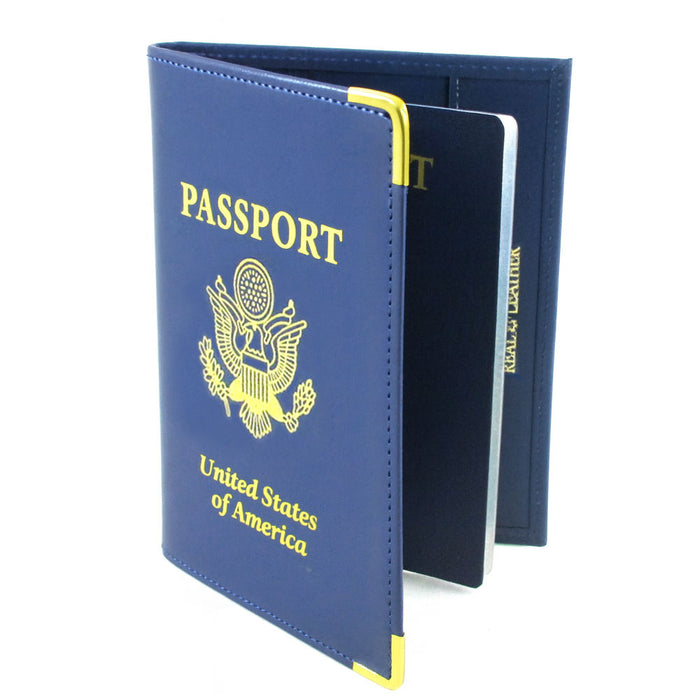 2pk Blue Genuine Leather Passport Holder Cover with Gold US Emblem Travel Wallet