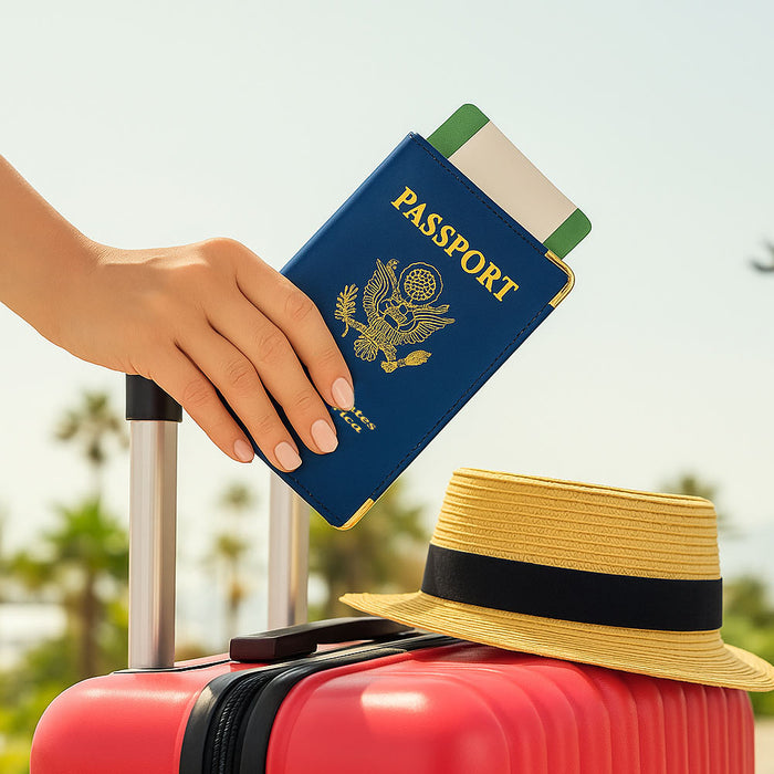 2pk Blue Genuine Leather Passport Holder Cover with Gold US Emblem Travel Wallet