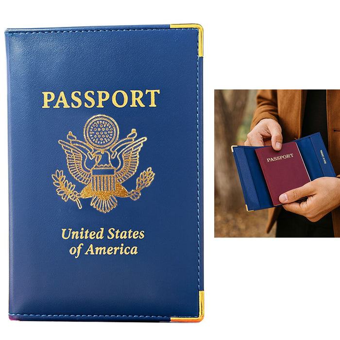 2pk Blue Genuine Leather Passport Holder Cover with Gold US Emblem Travel Wallet