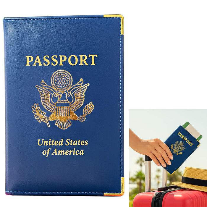 2pk Blue Genuine Leather Passport Holder Cover with Gold US Emblem Travel Wallet