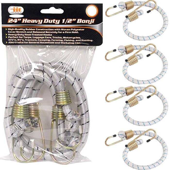 4 Pack 24 Inch Bungee Cords Heavy Duty Heat Treated Hooks 1/2" Cordage Tie Strap