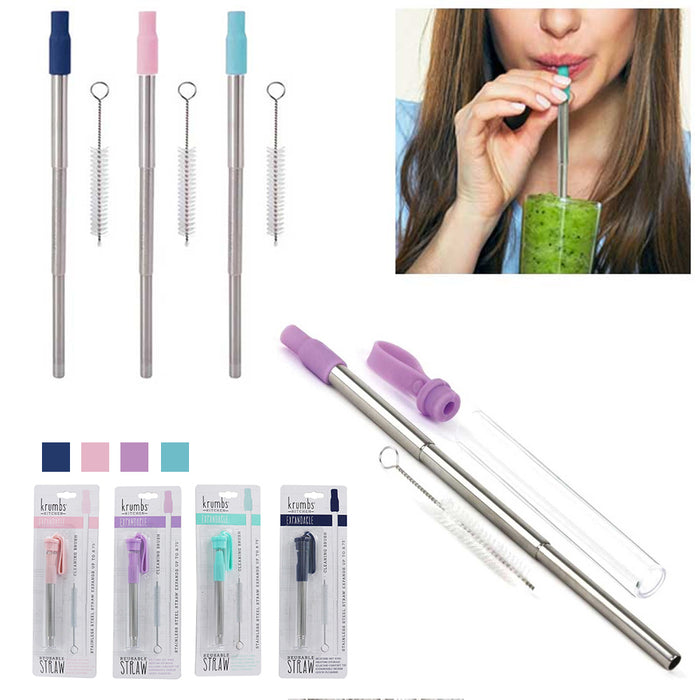 1 Steel Metal Drinking Straw Silicone Tip Expandable Reusable Cleaning Brush Set