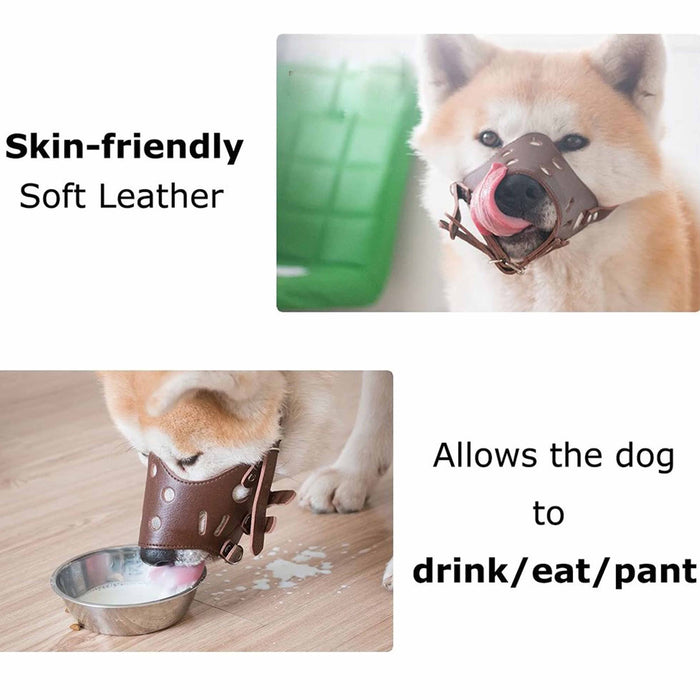 1 Medium Dog Muzzle Adjustable Leather Strap Pet Grooming No Bark Bite Brown