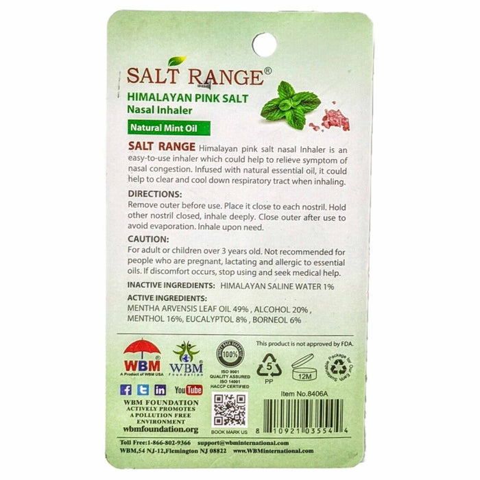 4 Pk Himalayan Pink Salt Nasal Inhaler Nose Cooling Natural Mint Essential Oils