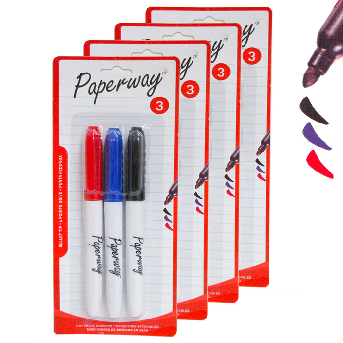 12PC Low Odor White Board Markers Dry Erase Bullet Tip Black Blue Red Color Pens
