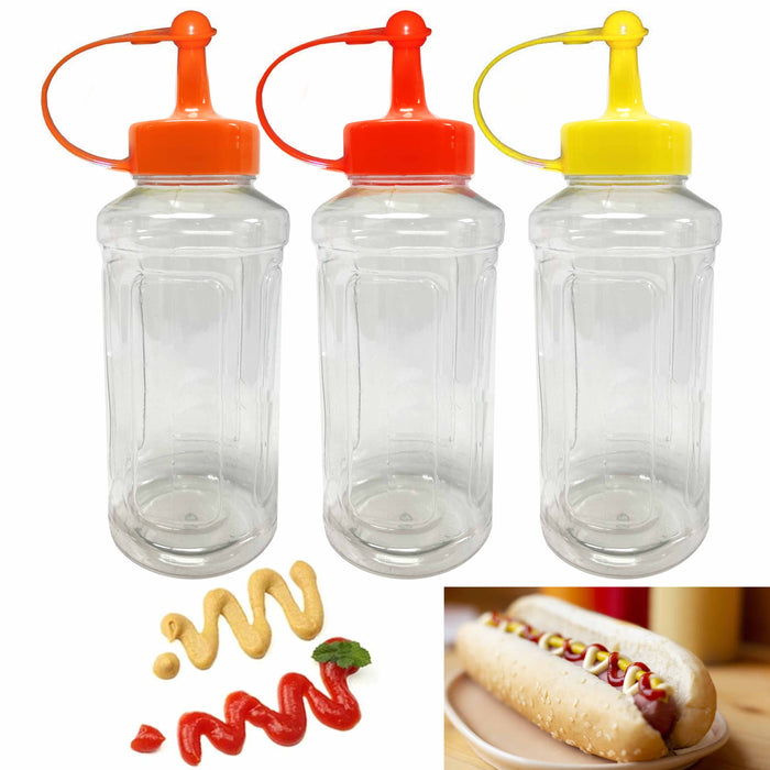 3 Pc Plastic Squeeze Bottle Clear 10oz Condiment Ketchup Mayo Mustard Hot Sauce