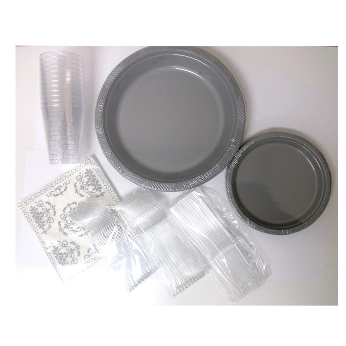 24 Person Dinner Wedding Party Disposable Dinnerware Set Gray Plastic Plates New
