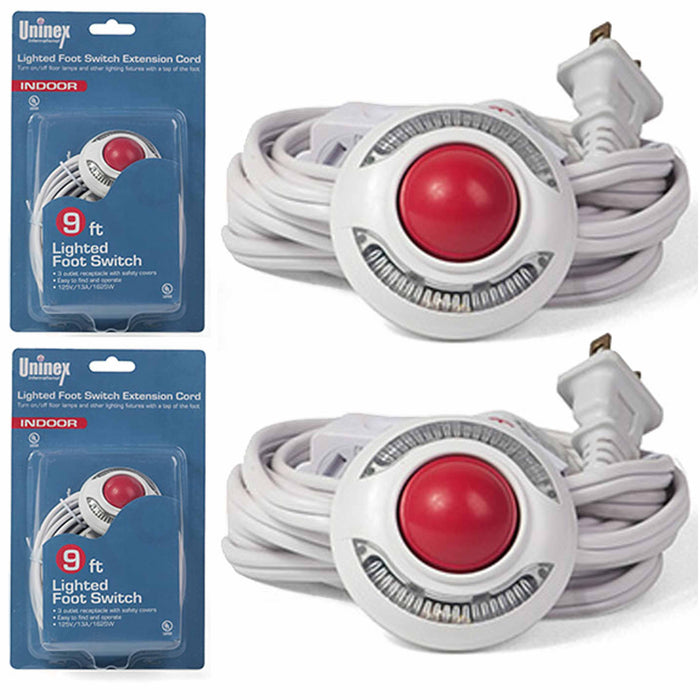 2 Pc Foot Switch Extension Cord ON/OFF Plug 9ft 2-Prong 3 Outlet Lighted Pedal